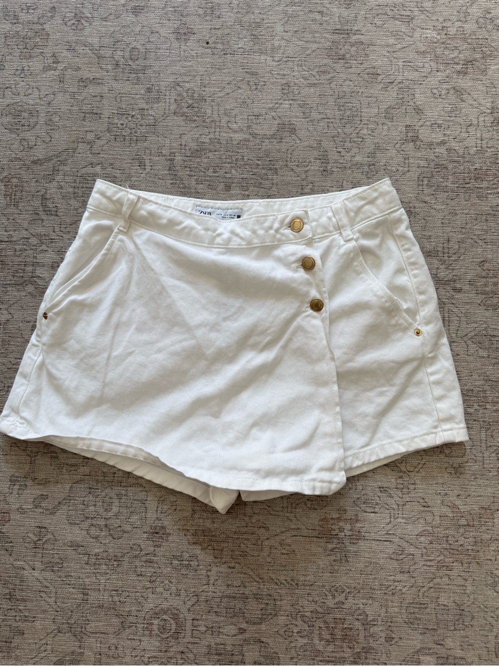 Zara White Wrap-Style Skort with Gold Buttons